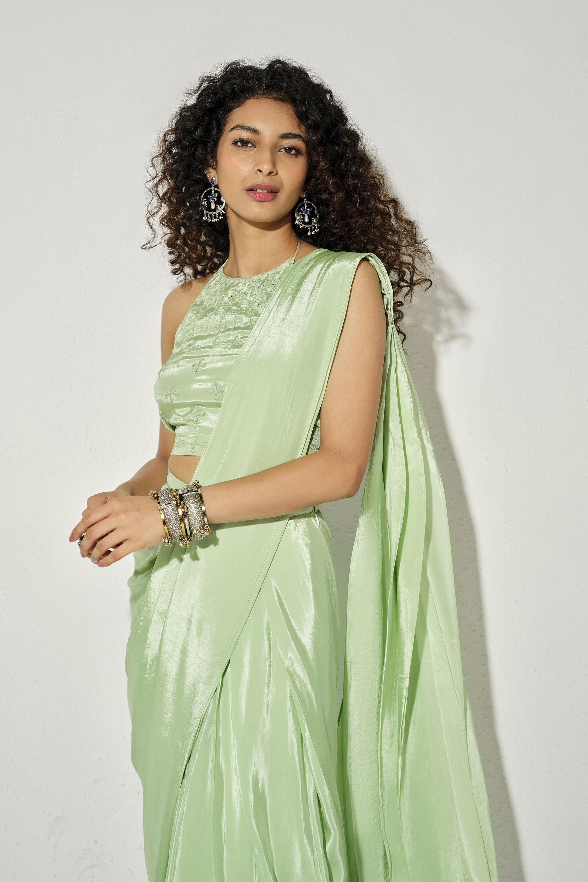 Pistachio Pre-stitched Saree, Mint, image 4